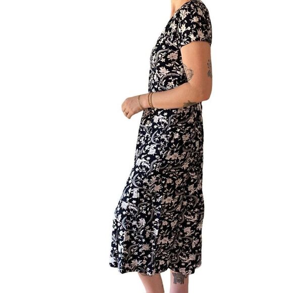 Vintage 1990s Navy Blue White Floral Cottagecore Hippy Rayon Maxi Dress Sz M - Picture 6 of 9